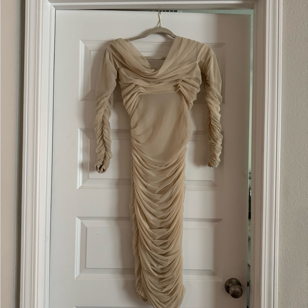 House of CB Gold Cowl Neck Bodycon Dress with Bishop Sleeves